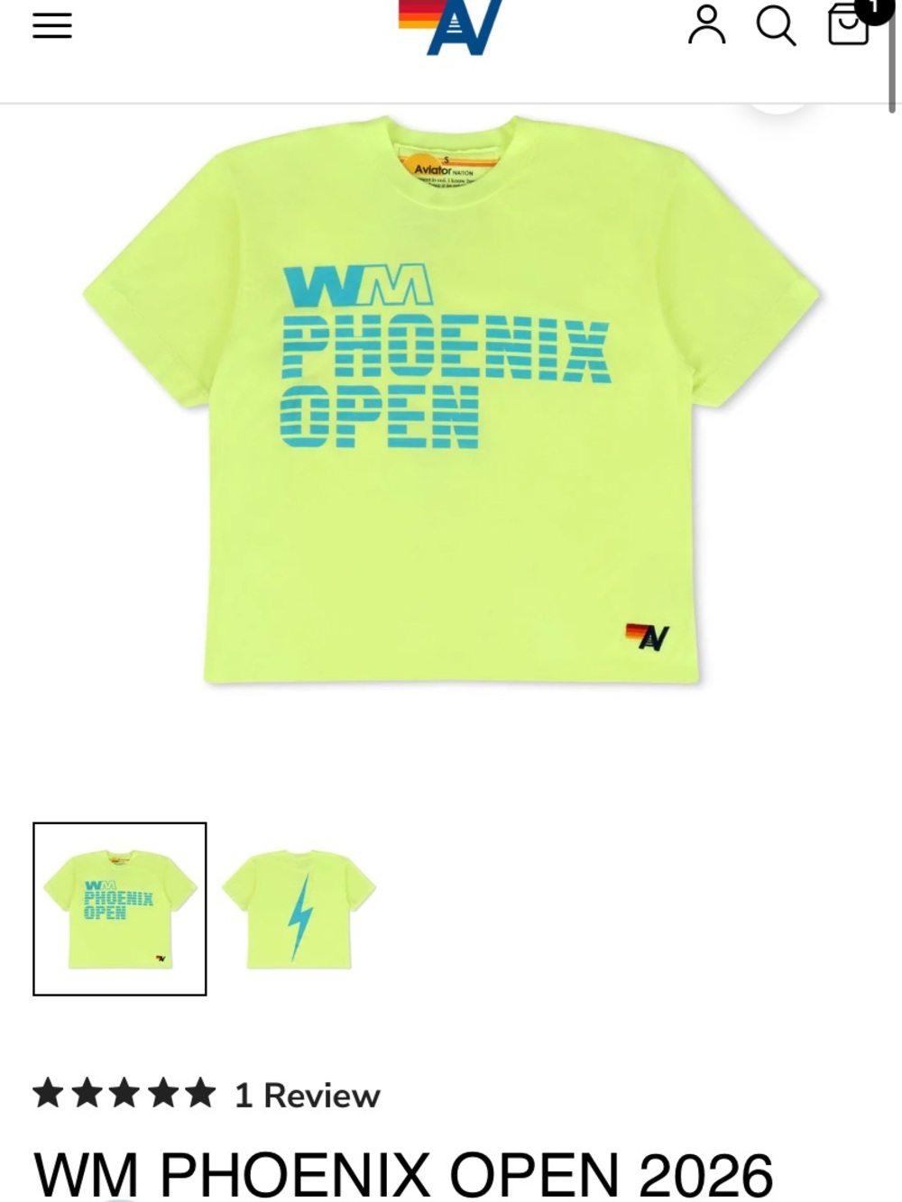 Aviator Nation Neon Yellow Short Sleeve Tee with Blue WM Phoenix Open Graphic